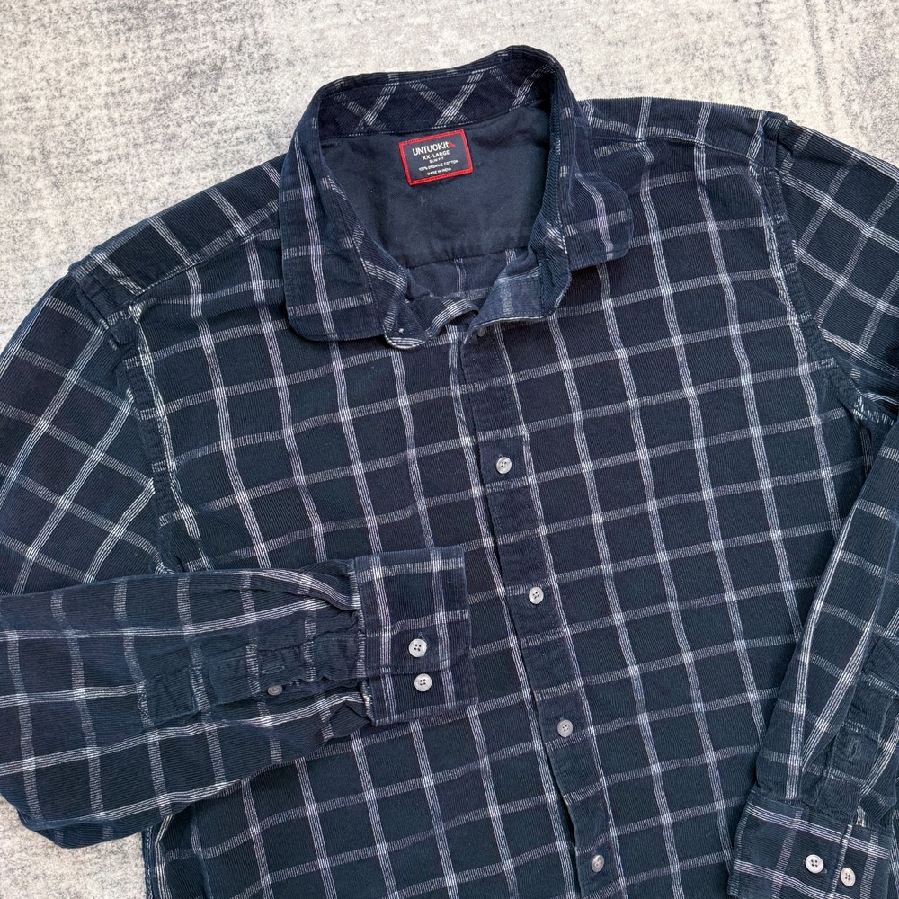 UNTUCKIT‎ Shirt Mens 2XL Slim Fit Navy Blue Windowpane Plaid Corduroy Button Up